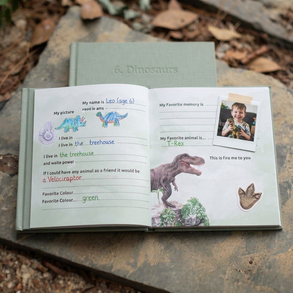 Open interior spread of the Dinosaurs edition with fill-in prompts