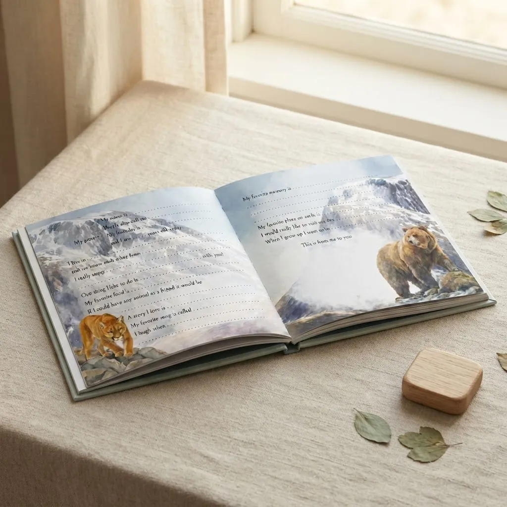 Open interior spread of the Forest edition with fill-in prompts