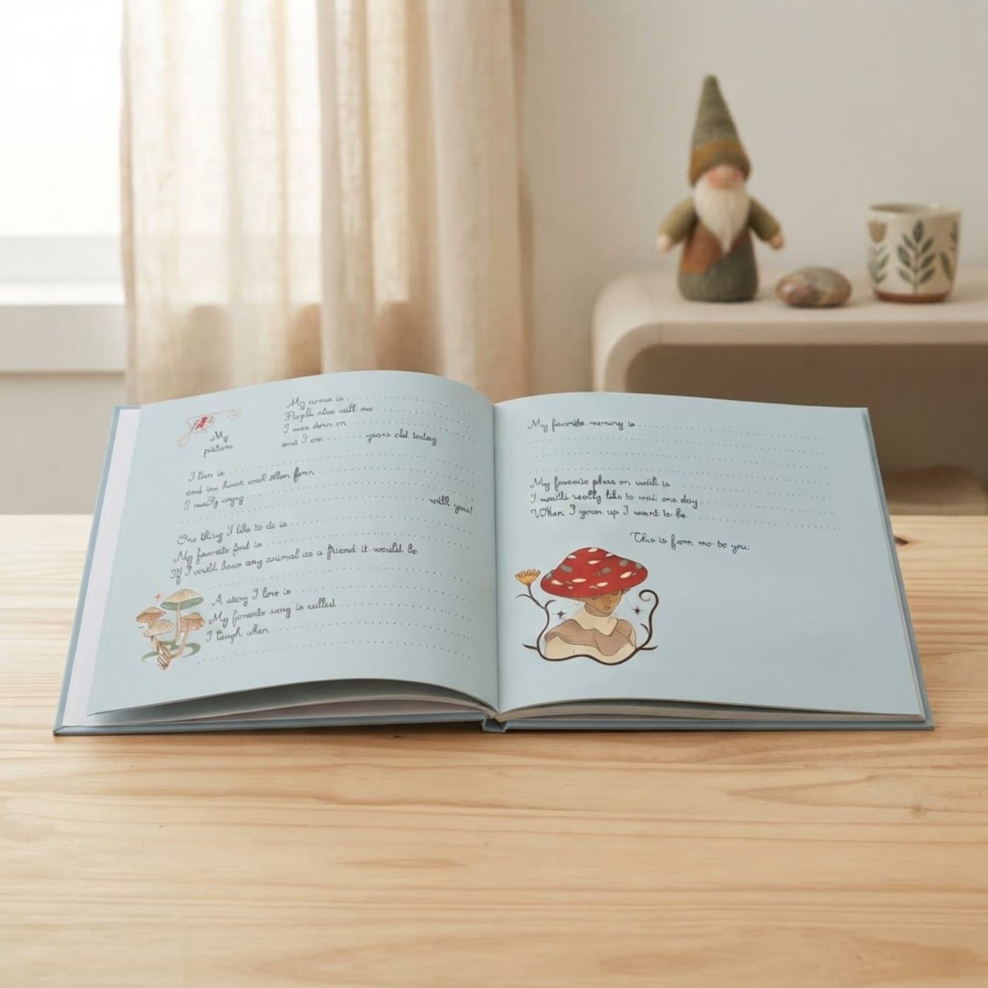 Open interior spread of the Fairies edition with fill-in prompts