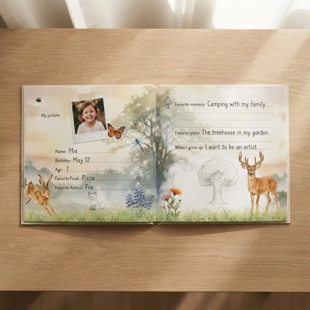 Open interior spread of the Forest edition with fill-in prompts