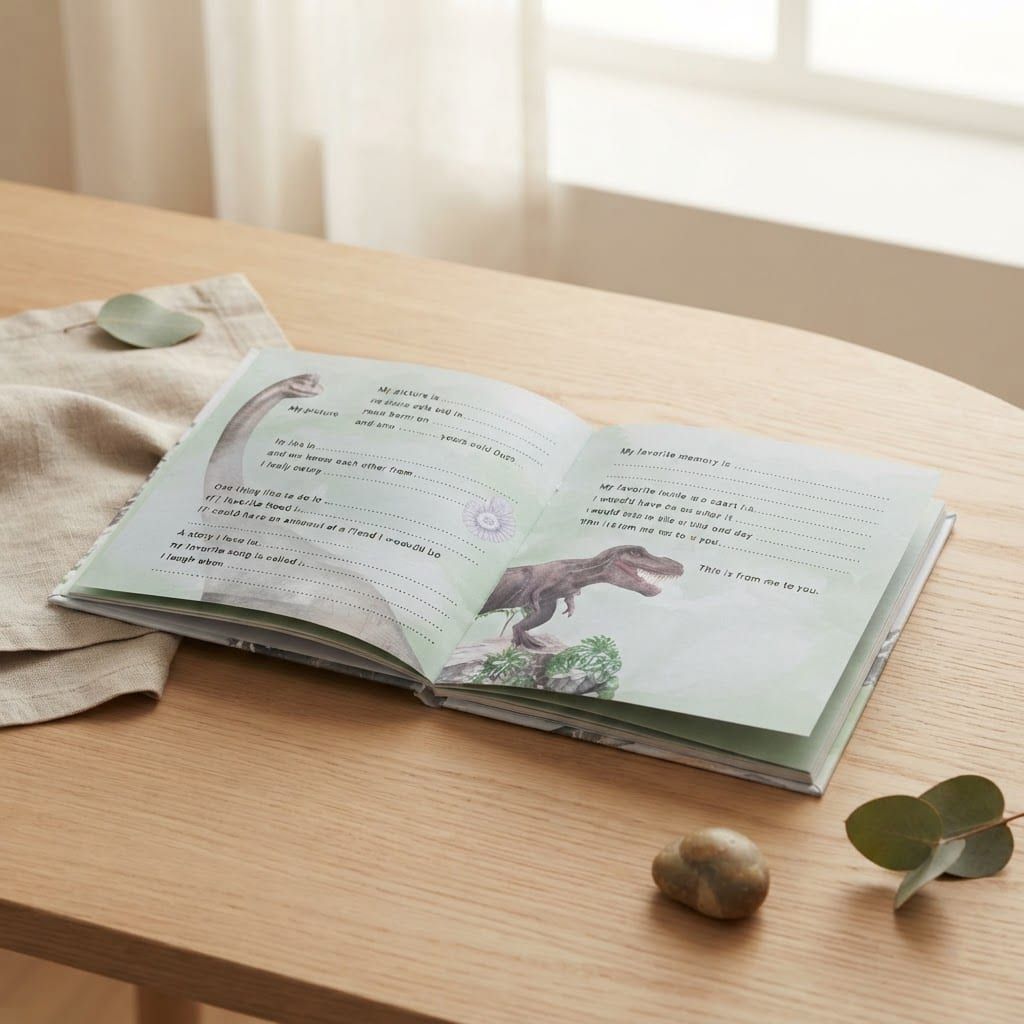 Open interior spread of the Dinosaurs edition with fill-in prompts