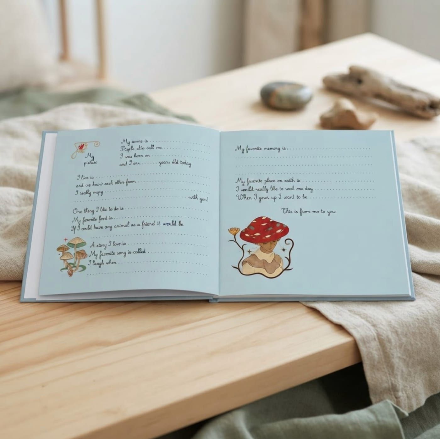 Open interior spread of the Fairies edition with fill-in prompts