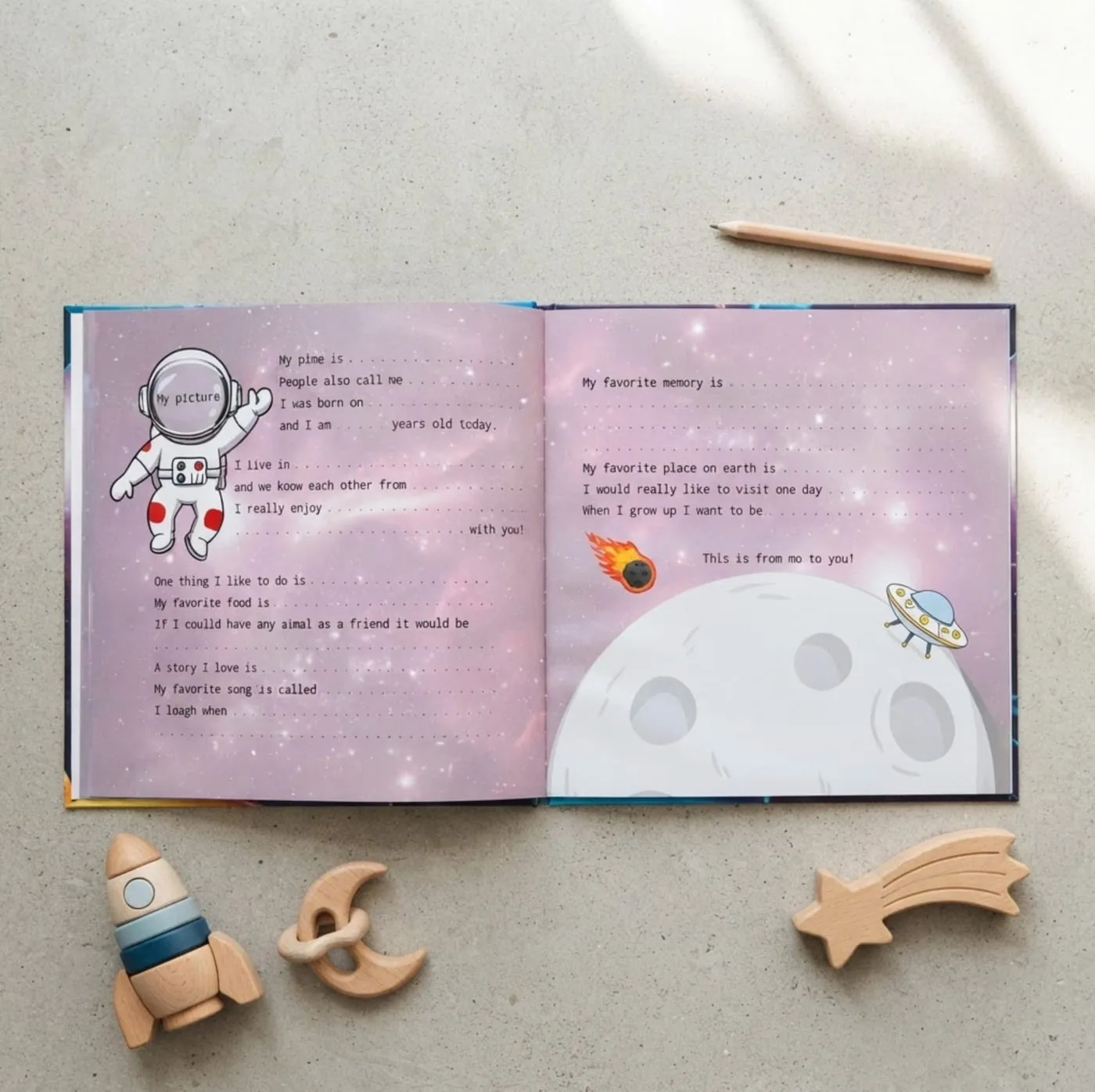 Open interior spread of the Space edition with fill-in prompts