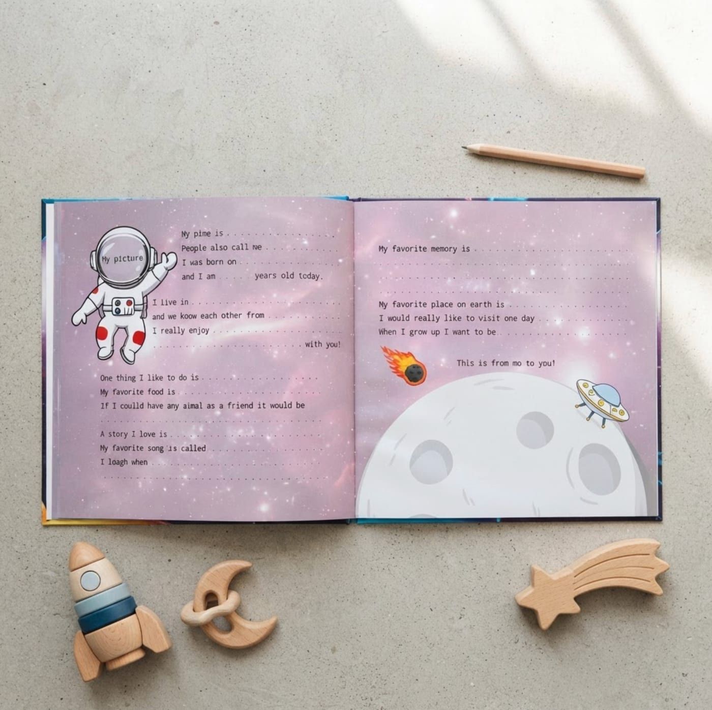Open interior spread of the Space edition with fill-in prompts