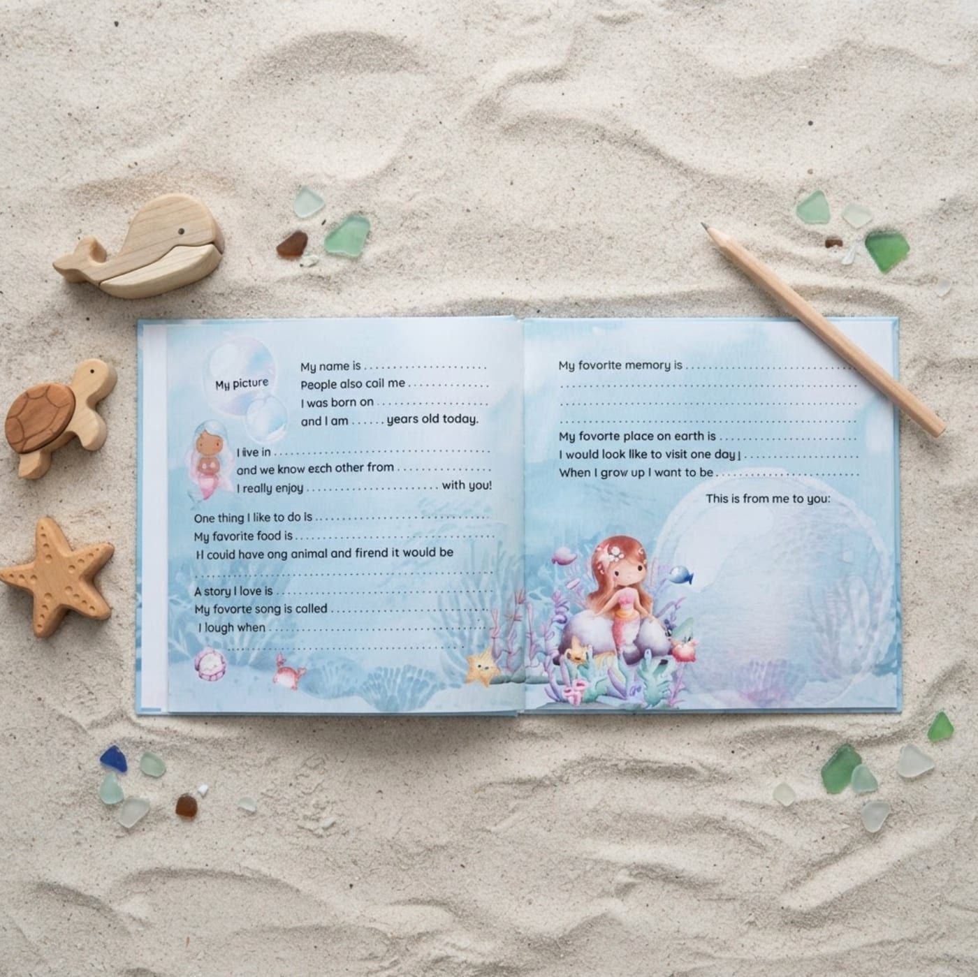 Open interior spread of the Mermaids edition with fill-in prompts