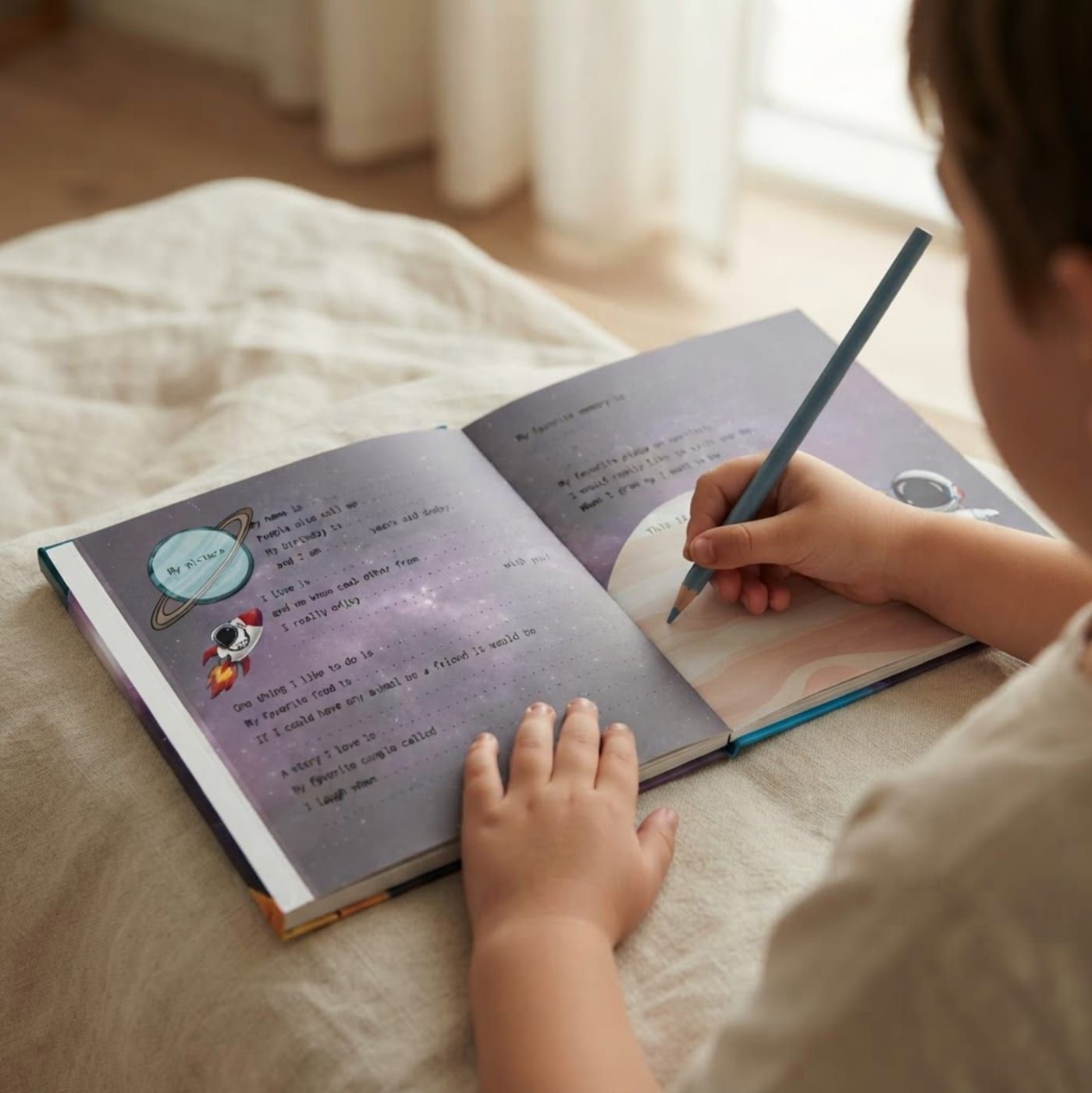 A child using the Space edition of My Friends Book
