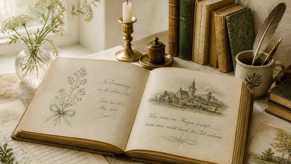 Open illustrated album amicorum from the early modern period showing handwritten entries, coats of arms, and decorative drawings on aged paper pages