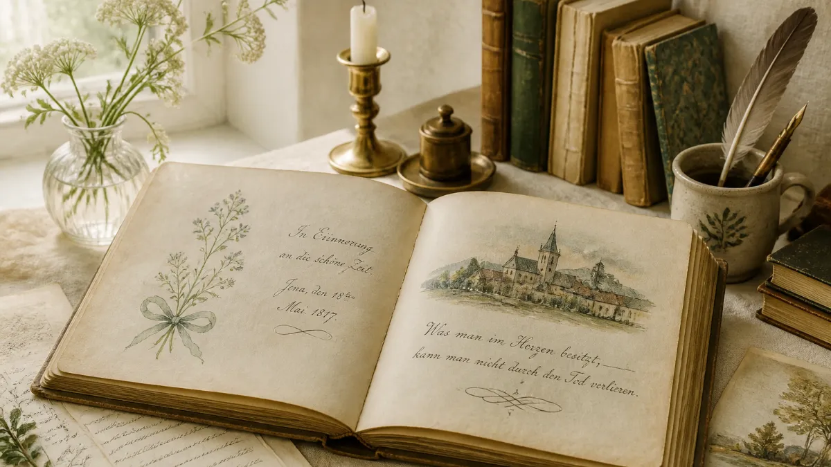 Open illustrated album amicorum from the early modern period showing handwritten entries, coats of arms, and decorative drawings on aged paper pages