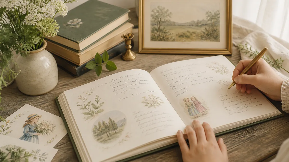 Open illustrated friend book with handwritten messages and colorful drawings, surrounded by colored pencils on a wooden table
