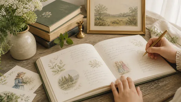 Open illustrated friend book with handwritten messages and colorful drawings, surrounded by colored pencils on a wooden table