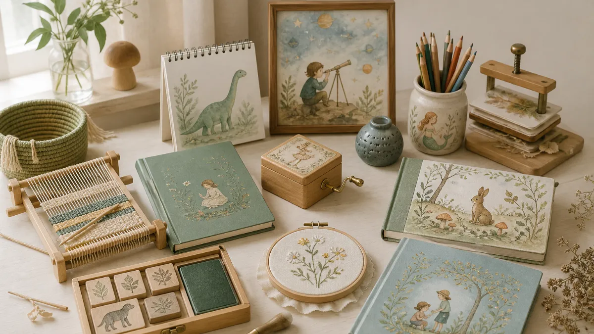 A flat-lay of analog toys for kids including a watercolor set, a weaving loom, a nature journal, and an illustrated Friend Book open to a handwritten page