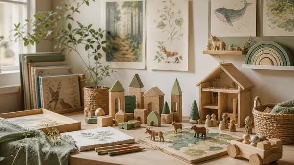 A wooden tabletop scattered with analog toys including building blocks, colored pencils, an open illustrated friendship book filled with handwritten notes, and a board game, with two children's hands reaching in to play