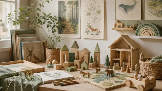 A wooden tabletop scattered with analog toys including building blocks, colored pencils, an open illustrated friendship book filled with handwritten notes, and a board game, with two children's hands reaching in to play