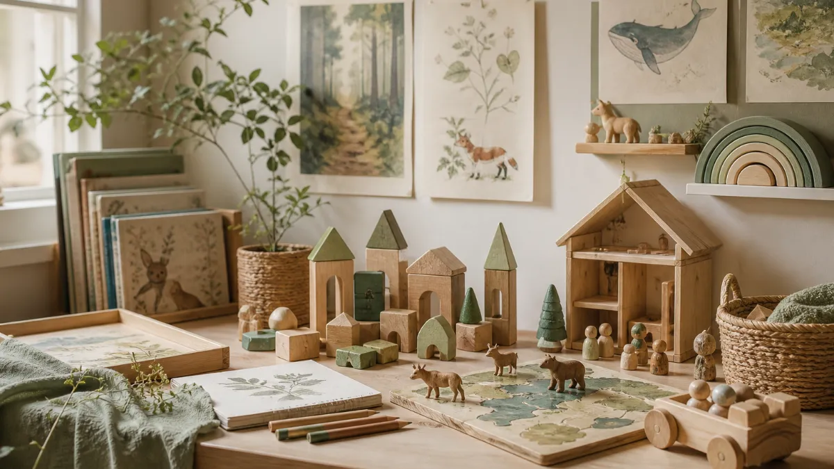 A wooden tabletop scattered with analog toys including building blocks, colored pencils, an open illustrated friendship book filled with handwritten notes, and a board game, with two children's hands reaching in to play
