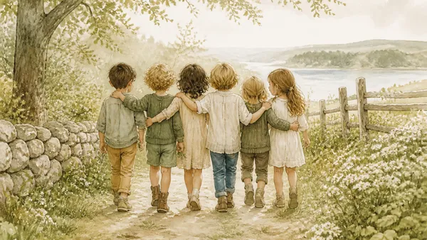 Two young children sitting together on a wooden porch, laughing and writing in a beautifully illustrated book, warm afternoon light around them