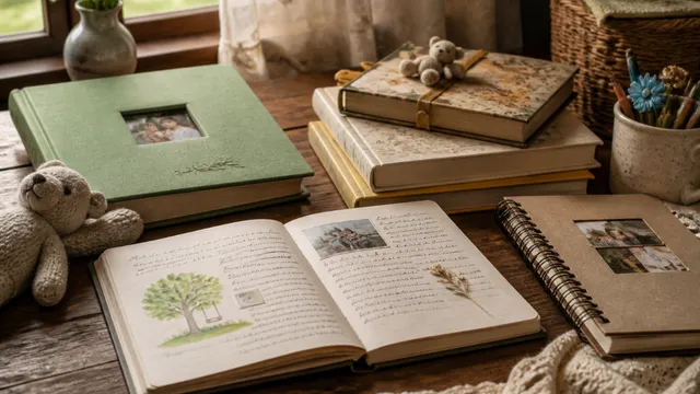 An open illustrated children's friendship book showing handwritten messages and colorful drawings from friends, lying on a wooden table