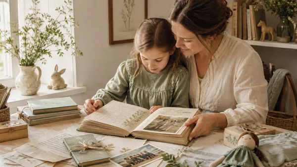 A beautifully illustrated open friend book resting on a wooden table beside colored pencils, dried flowers, and handwritten notes from children
