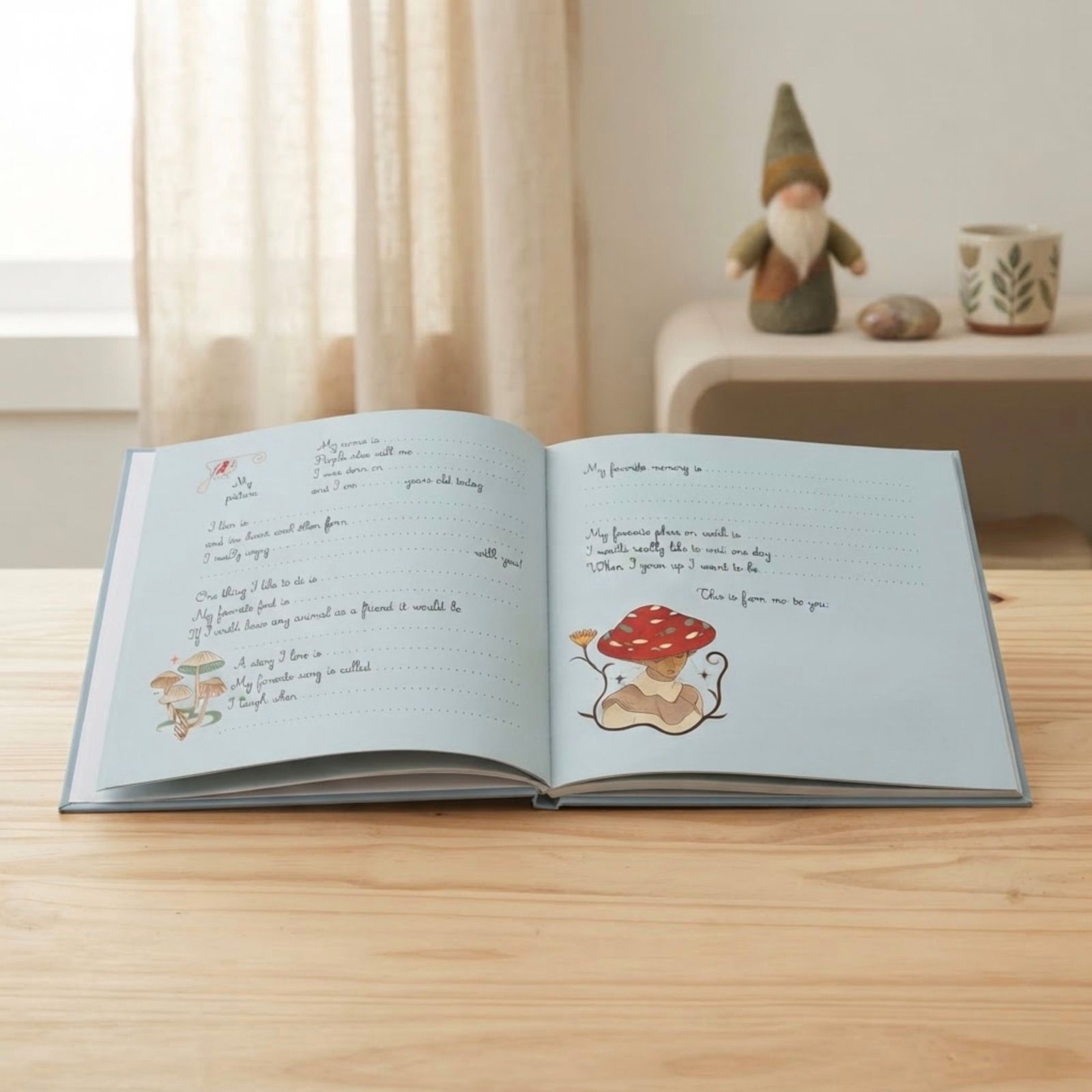 Open interior spread of the Fairies edition with fill-in prompts