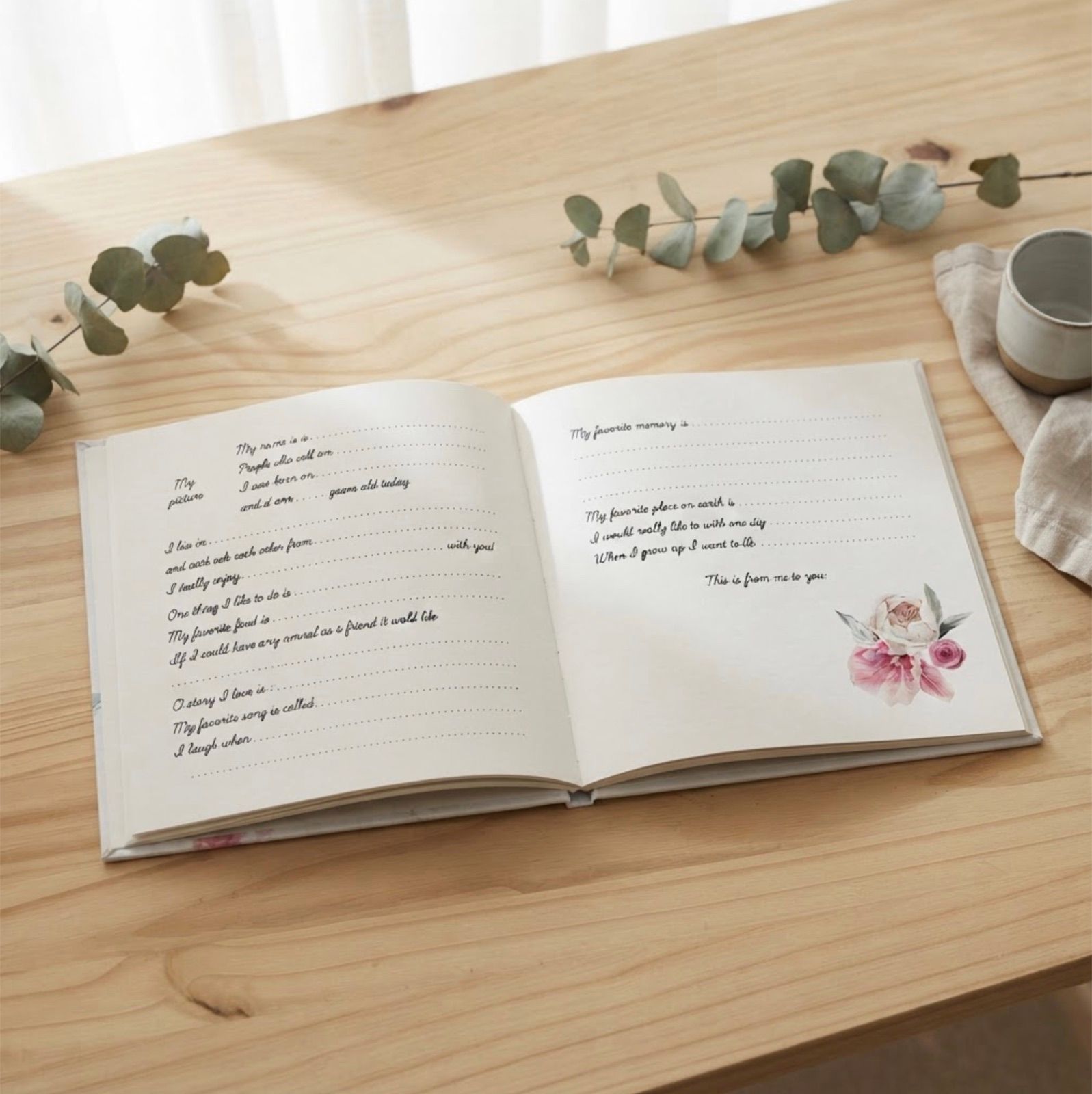 Open interior spread of the Flowers edition with fill-in prompts