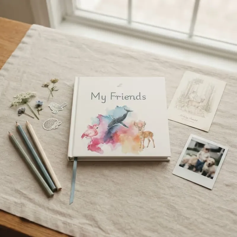 An illustrated My Friends Book on a linen table with colored pencils, pressed flowers and a photo