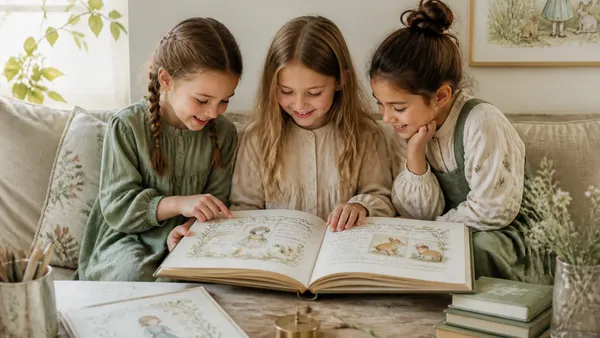 A beautifully illustrated open Friend Book lying on a wooden table, with a child's handwritten entries, small drawings, and colorful pencils scattered nearby