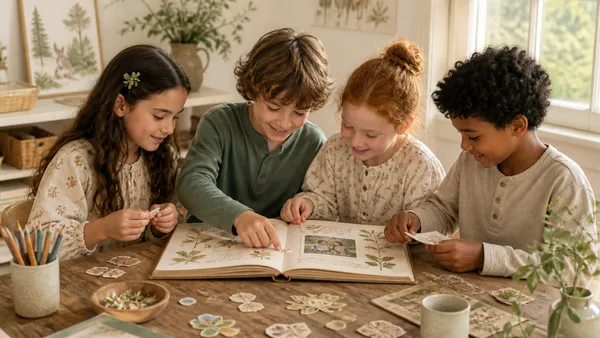 Two children sitting cross-legged on a sunny porch, writing and drawing together in illustrated friend books surrounded by colored pencils and craft supplies