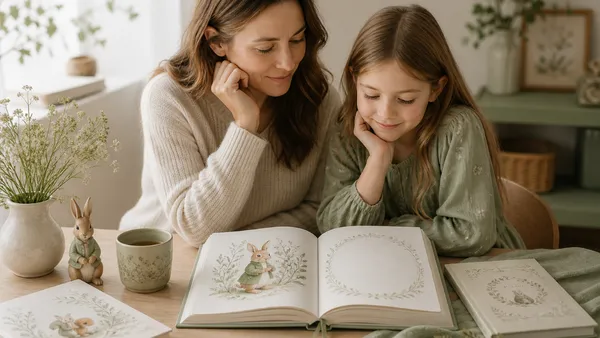 A child handing an open illustrated friendship book to a smiling friend at a wooden table, surrounded by colored pencils and handwritten pages