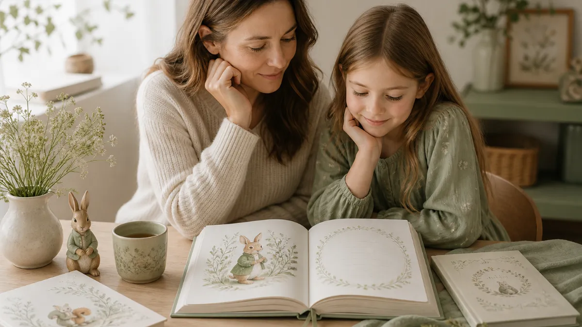 A child handing an open illustrated friendship book to a smiling friend at a wooden table, surrounded by colored pencils and handwritten pages