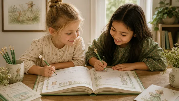 A beautifully illustrated friendship book for kids open on a wooden table, showing colorful hand-drawn pages filled with handwritten messages and drawings from friends