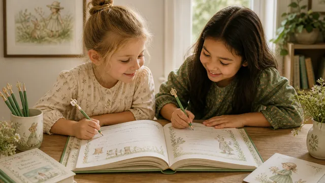 A beautifully illustrated friendship book for kids open on a wooden table, showing colorful hand-drawn pages filled with handwritten messages and drawings from friends
