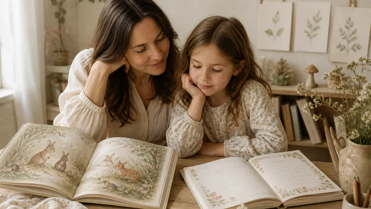 A child passing a beautifully illustrated keepsake friendship book to a friend at a wooden table, with colored pencils and handwritten pages visible