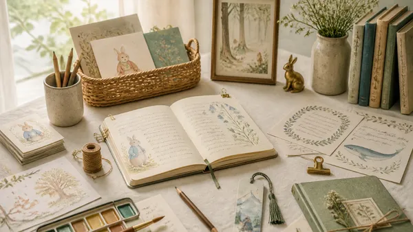 A child sitting at a wooden table writing carefully in an illustrated friend book with colored pencils and stationery nearby