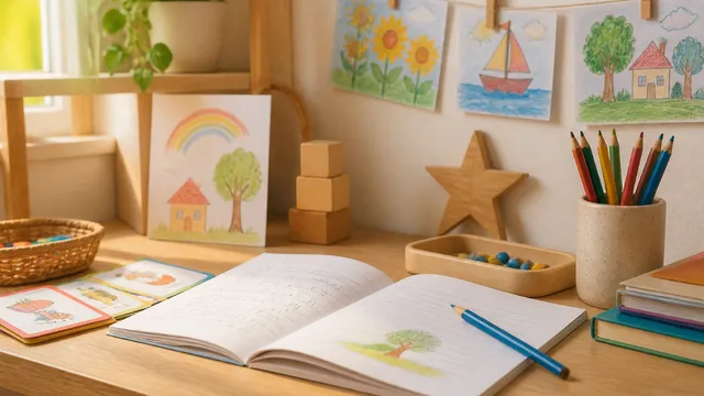 A young child sitting at a wooden desk carefully writing in a colorful illustrated friendship book, pencil in hand, with drawings and handwritten notes visible on the open pages