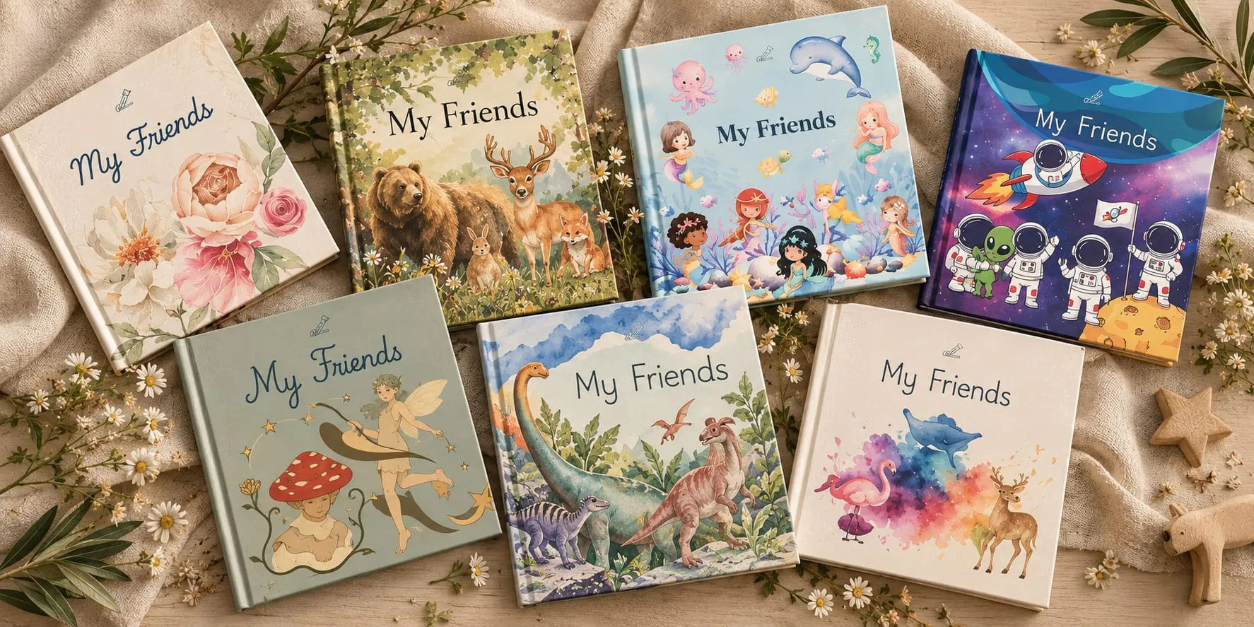 Seven My Friends Book editions laid side by side on linen, with daisies and greenery around them