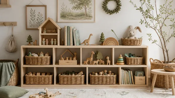 A child-height wooden shelf neatly arranged with open-ended analog toys including building blocks, art supplies, a sketchbook, and a friend book, set in a cozy, light-filled playroom