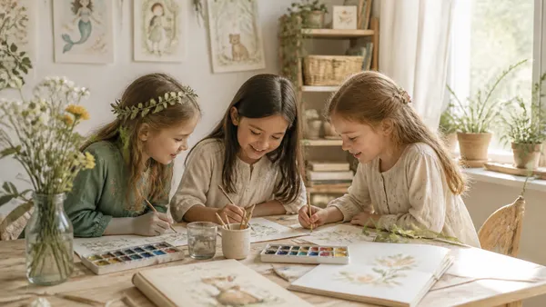 Two children sitting at a wooden table covered with colored pencils, paper, and open illustrated books, drawing and writing together during a friendship activity afternoon at home
