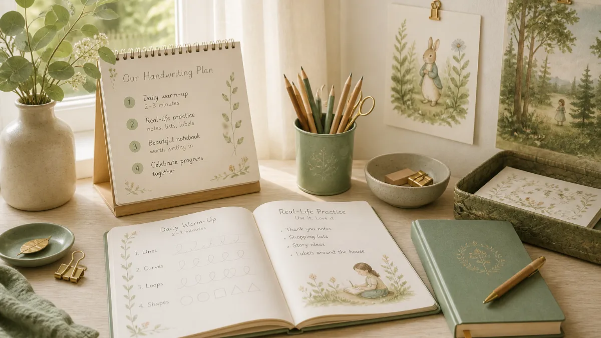 A young child sitting at a wooden table writing carefully in a beautifully illustrated notebook, pencil in hand, warm natural light filling the room