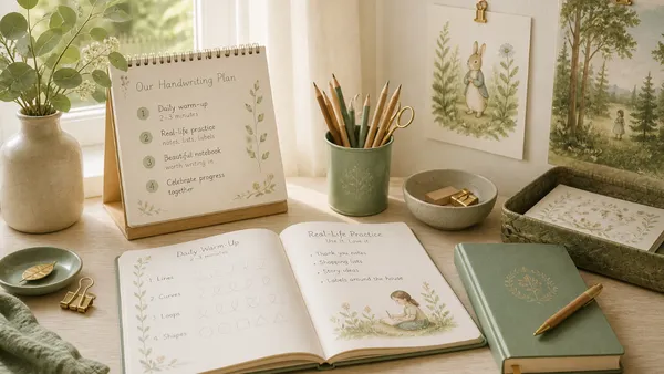 A young child sitting at a wooden table writing carefully in a beautifully illustrated notebook, pencil in hand, warm natural light filling the room