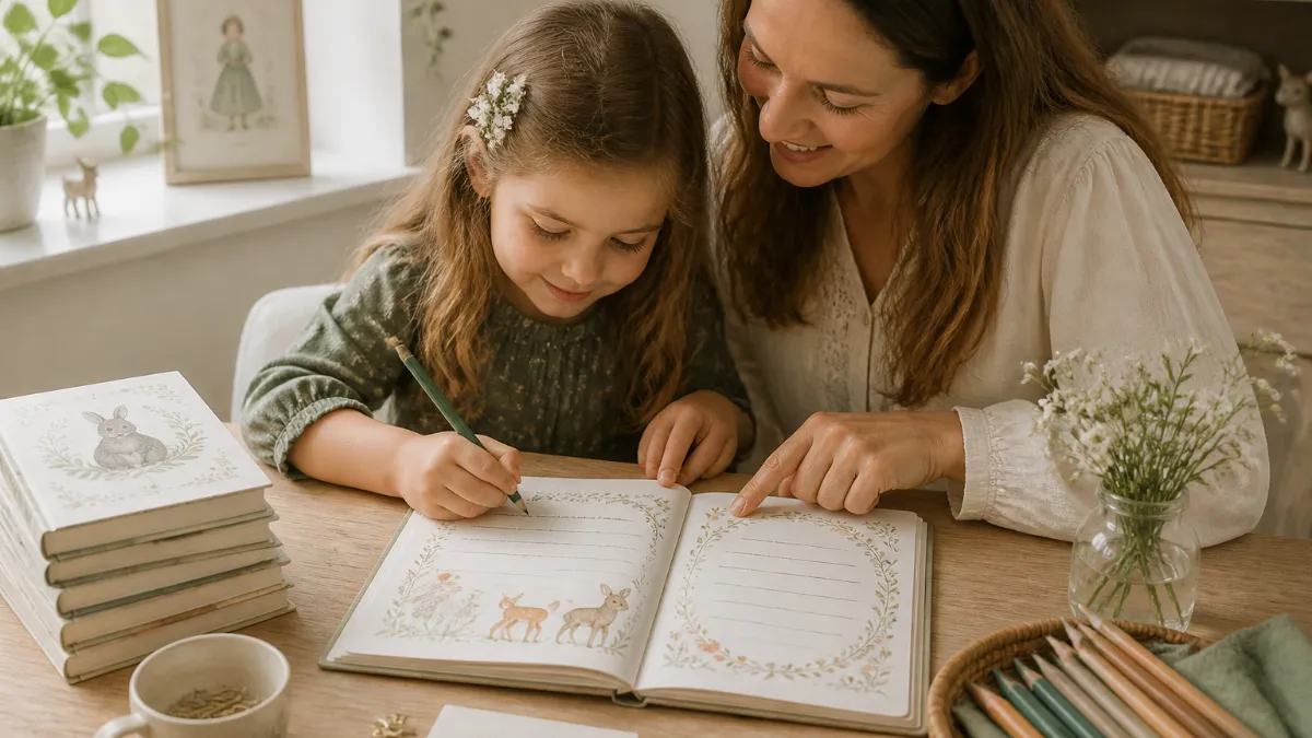 A child sitting at a wooden table opening a beautifully illustrated friendship book, colored pencils spread nearby, warm natural light filling the room