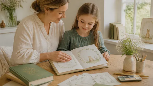 A child sitting at a wooden table carefully opening a beautifully illustrated friend book, surrounded by coloured pencils and a small stack of letters from friends