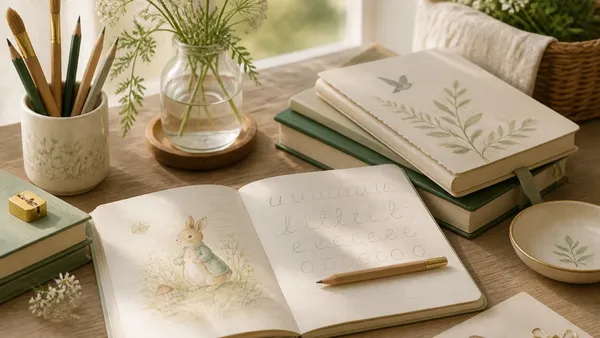 A young child sitting at a wooden table, carefully writing in a beautifully illustrated book with colored pencils nearby
