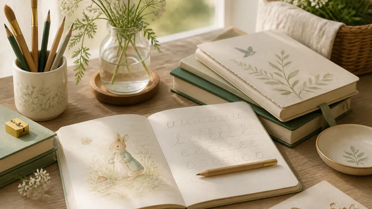 A young child sitting at a wooden table, carefully writing in a beautifully illustrated book with colored pencils nearby