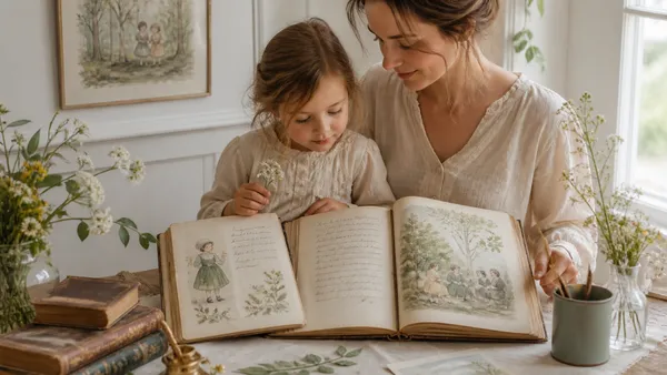 Open illustrated friendship book lying flat on a wooden table, showing handwritten inscriptions and small drawings in rich ink colours, evoking a historical album amicorum