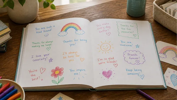 A beautifully illustrated children's friendship book open on a wooden table, showing handwritten messages, colorful doodles, and drawings left by childhood friends