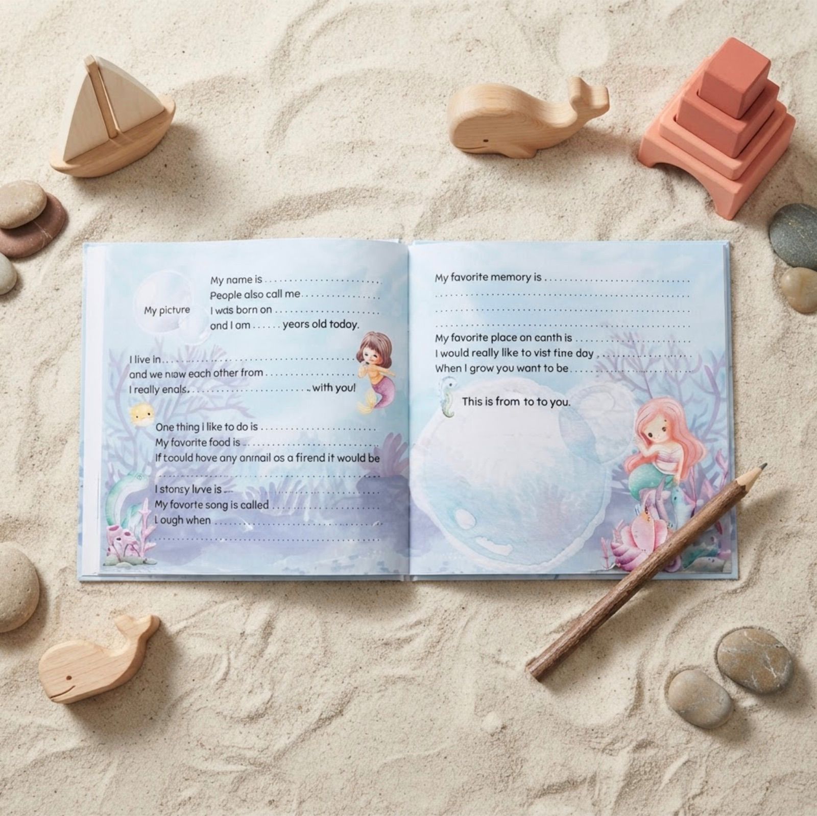 Open interior spread of the Mermaids edition with fill-in prompts