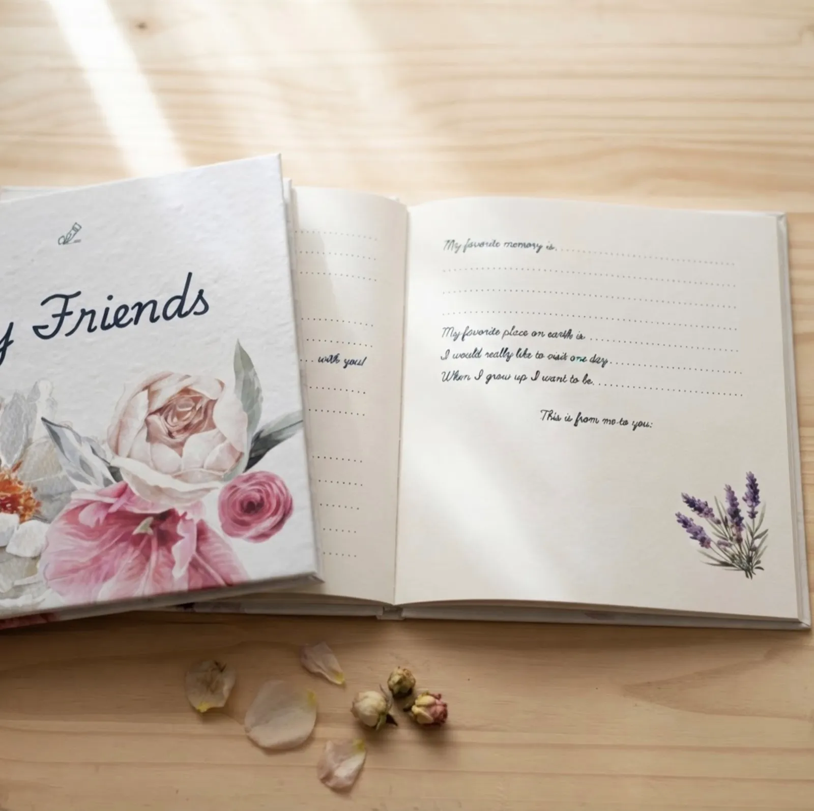 An open My Friends Book filled with handwriting and drawings from friends