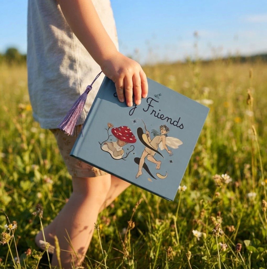 A child walking through a meadow, carrying a My Friends Book