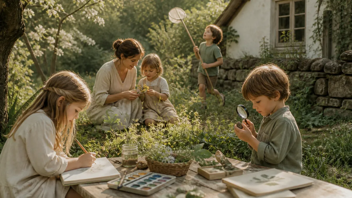 A child writing in a beautifully illustrated friend book at a wooden table surrounded by colored pencils, with sunlight streaming through a window