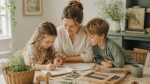 A child writing in a beautifully illustrated friend book at a wooden table surrounded by art supplies and open books
