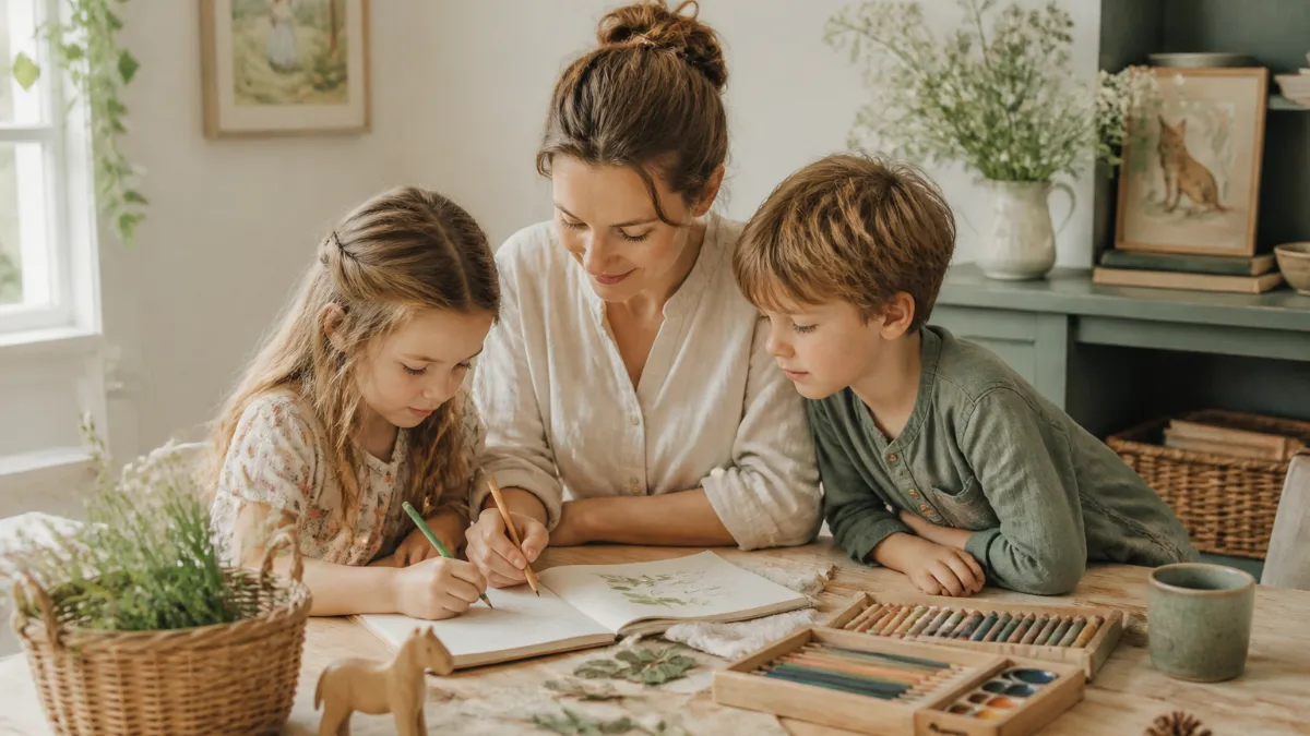 A child writing in a beautifully illustrated friend book at a wooden table surrounded by art supplies and open books